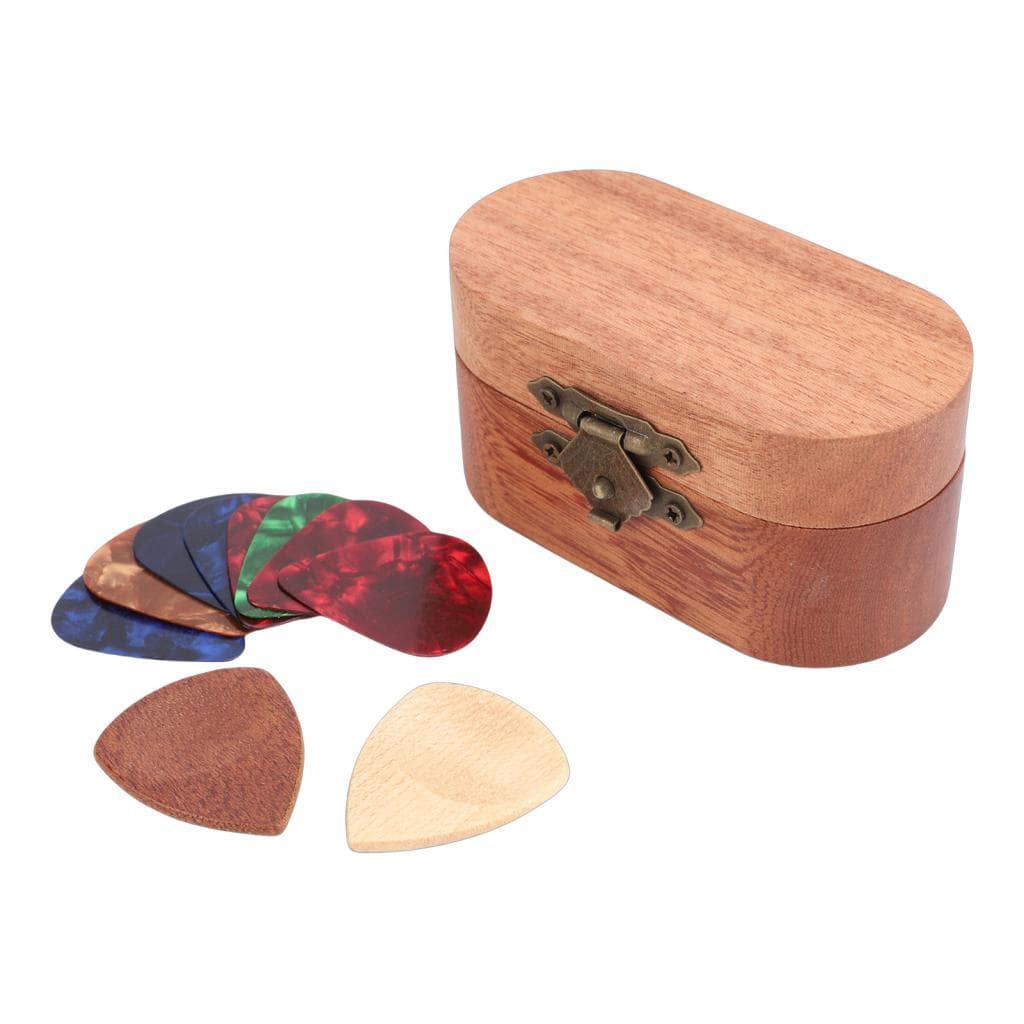 Funien suporte para palheta de guitarra, caixa de madeira, armazenamento compacto de joias para jogadores, 10 palhetas