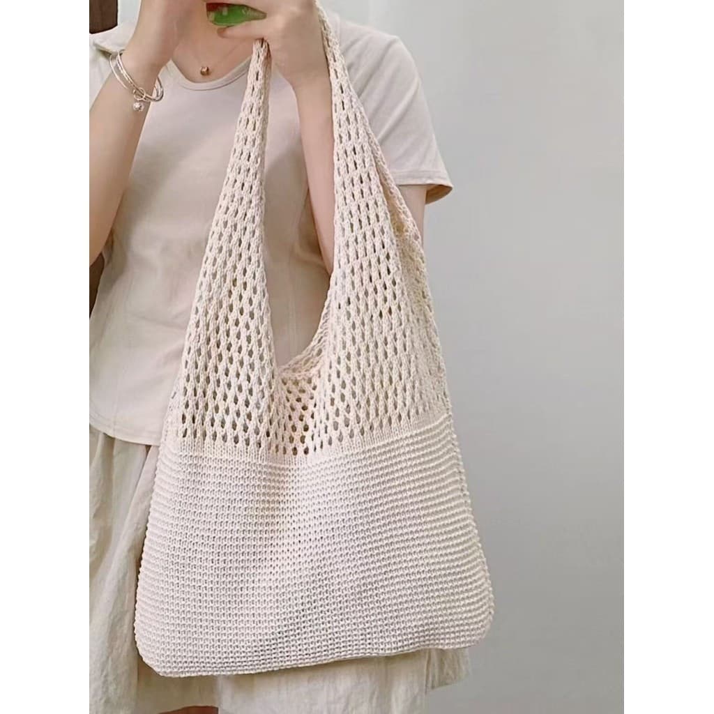 [XKB] 2UVO nova bolsa de ombro de grande capacidade em tecido vazado estilo coreano, bolsa de lã feminina, adequada para