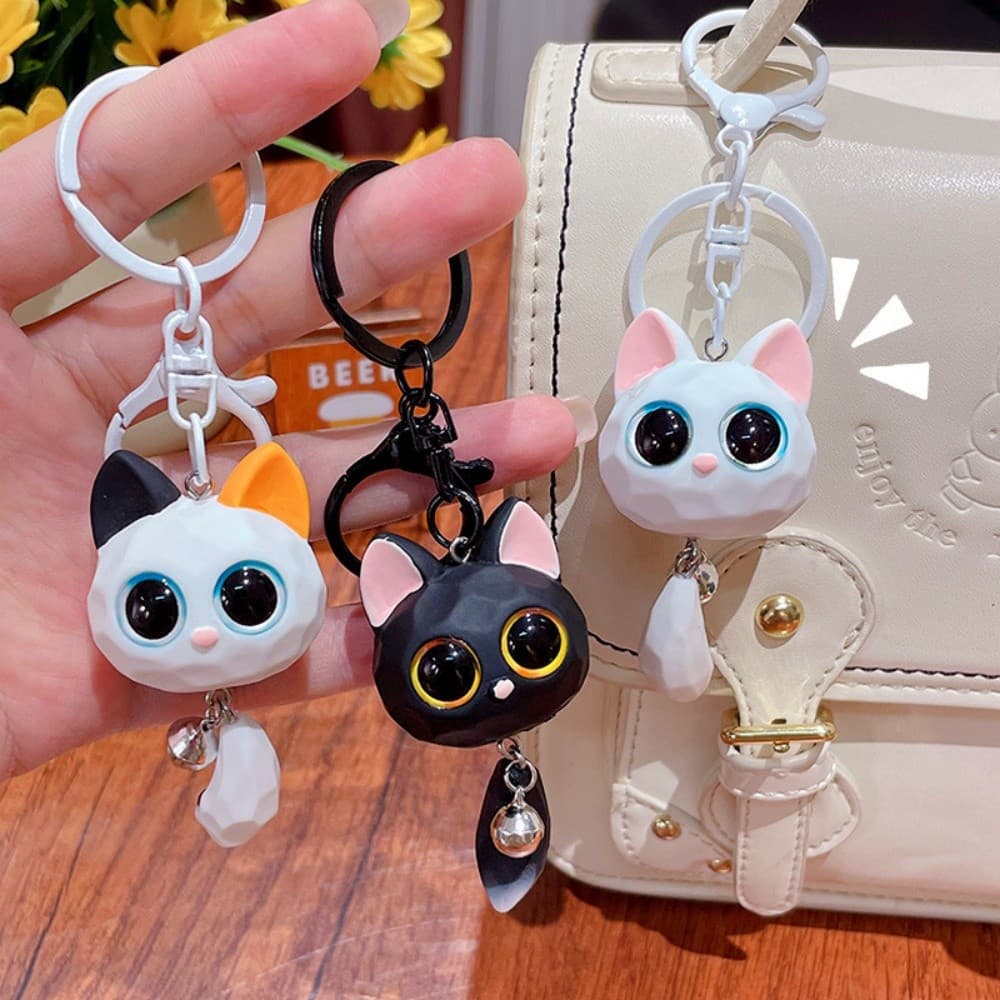 Chaveiro de Gato Fofo de Olhos Grandes, Chaveiro de Gatinho 3D com Cauda Pendurada, Chaveiro de Carro Feminino YCK1