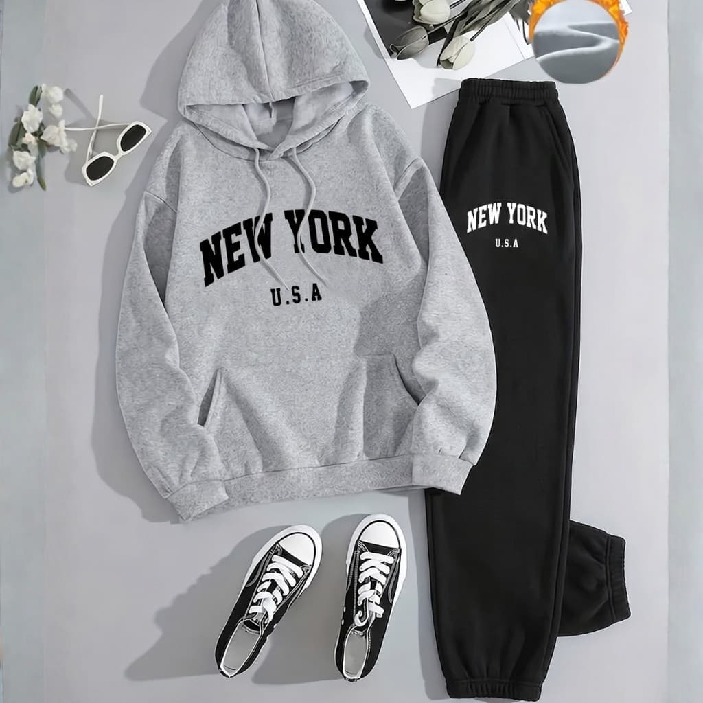 Conjunto Moletom Feminino Masculino Unissex New York USA Moletom de Capuz e Bolso + Calça de Moletom