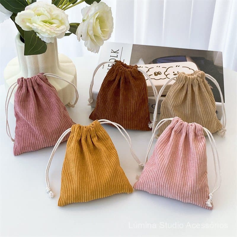 Bolsa de Armazenamento em Corduroy de Cor Sólida, com Cordão, para Maquiagem, para Mulheres, Portátil, Grande Capacidade