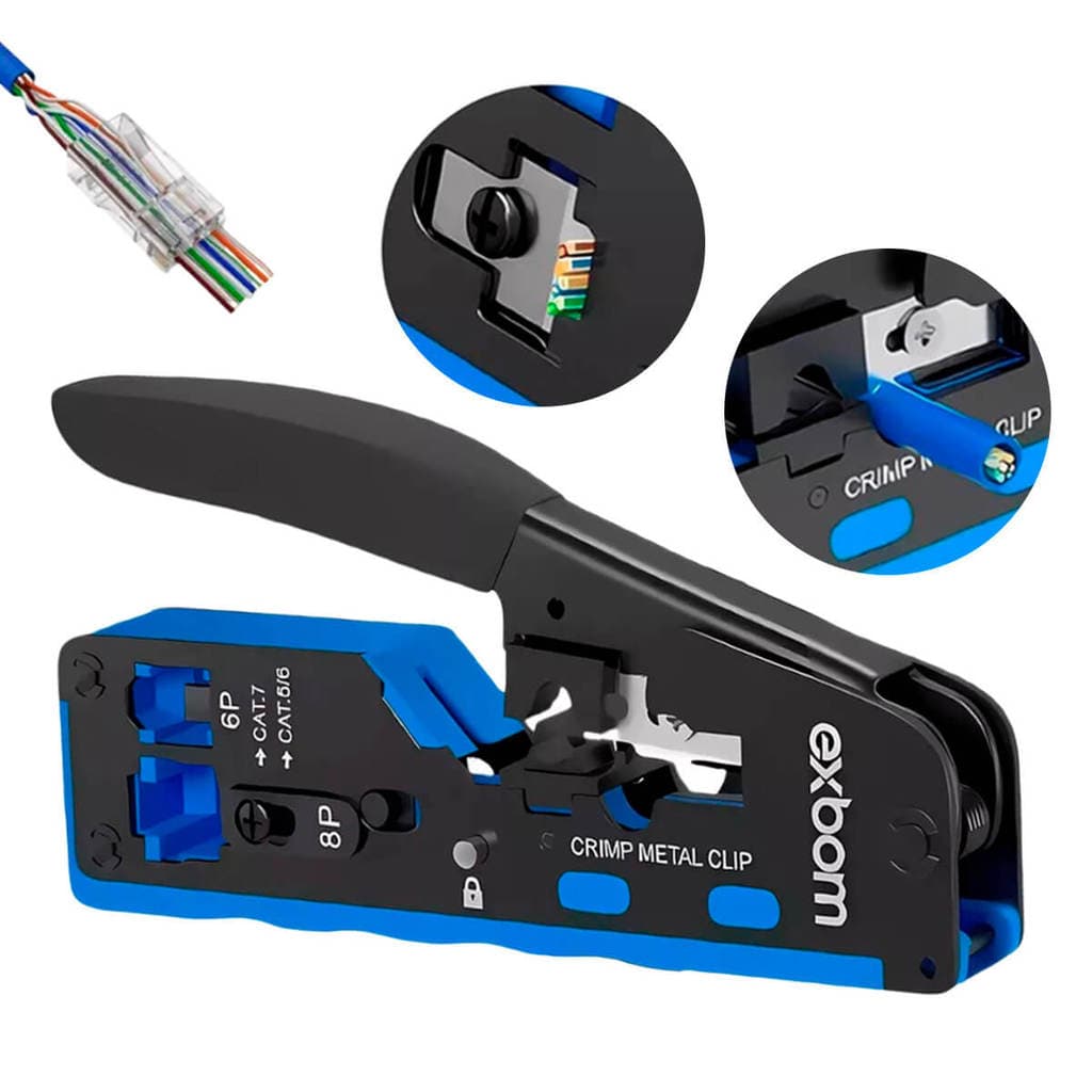 Alicate EZ Crimp de Passagem RJ45, RJ12 e RJ11 Exbom Cat7 Cat5e Crimpar Conector Cat6 Vazado Pró Cabo Cat8 Cortador
