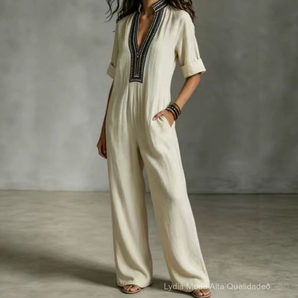 [Liquidação Total] Roupas femininas elegantes de alta qualidade: Macacão feminino de linho misto com design de manga cur