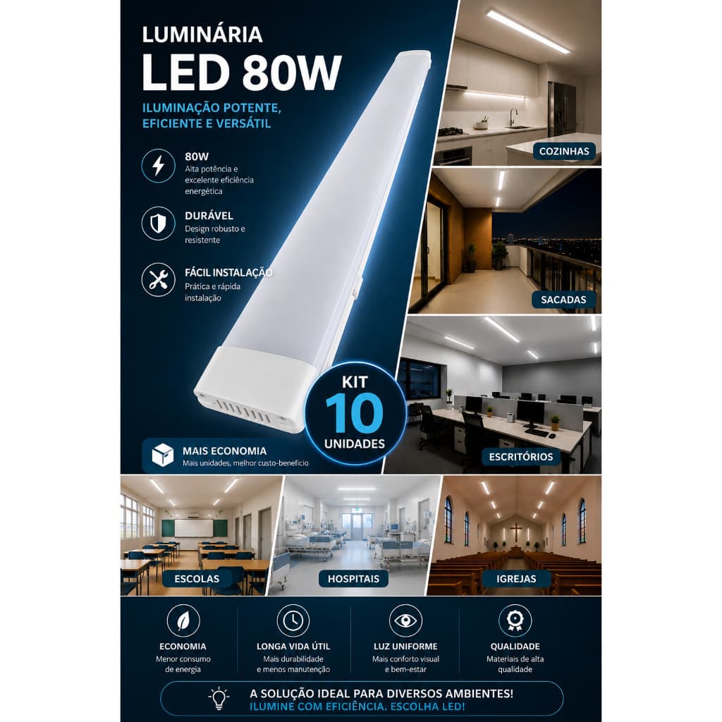 KIT 10 Luminária Linear LED 120cm 80w  Slim Sobrepor 6500k I 4000K I 3000K