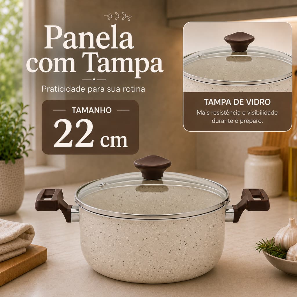 Panela Caçarola Cerâmica Antiaderente 22cm Rocca Bege com Tampa de Vidro
