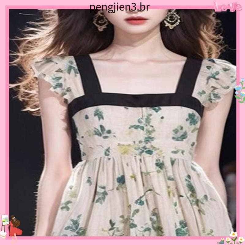 Pescoço quadrado novo estilo francês High-End requintado saia longa temperamento fresco verão impresso Floral Retro vest