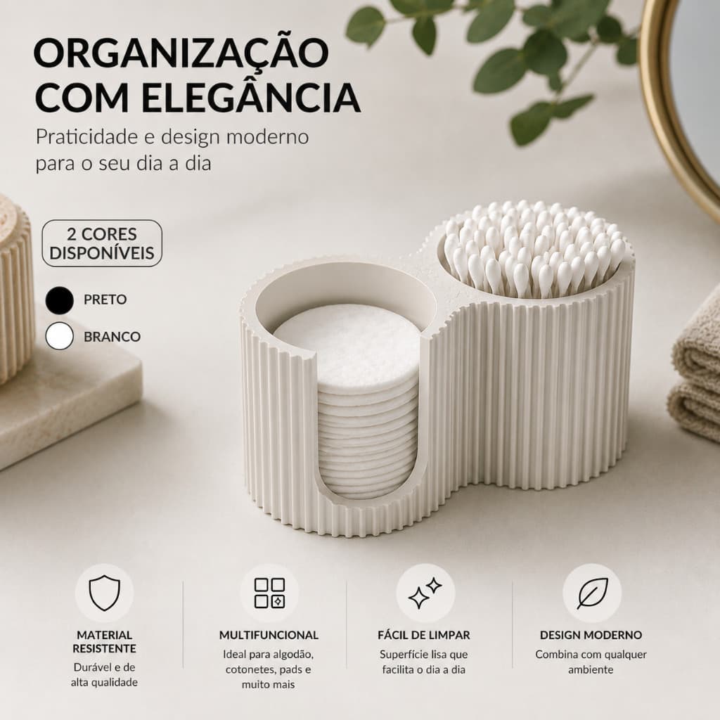 Organizador de Algodão e Cotonetes para Banheiro e Penteadeira | Design Moderno Premium