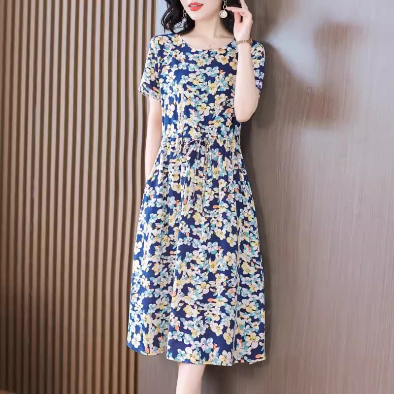 Mãe vestido de verão algodão vestido de seda 2025 moda comprimento médio meia-idade idosos cintura estreita