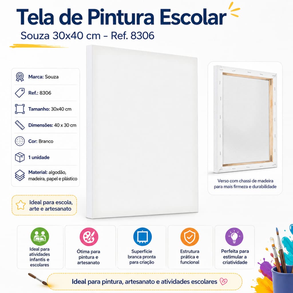 Kit 5 Tela de Pintura Escolar Souza 30x40 cm  Ref 8306  Ideal para Atividades Infantis, Escolares