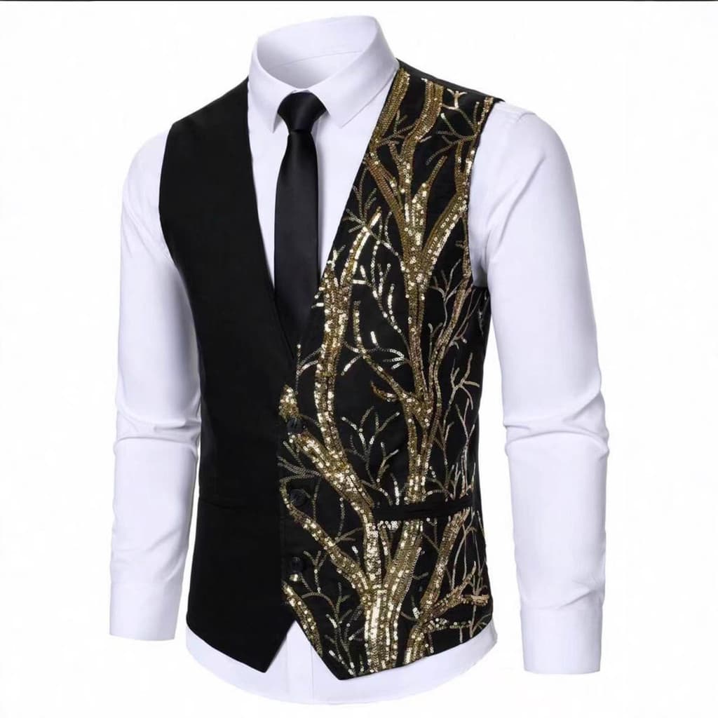 Colete De Terno De Lantejoulas Masculino Assimétrico Padrão De Árvore Dourada Formal Festa De Casamento Palco Mostrar Ve
