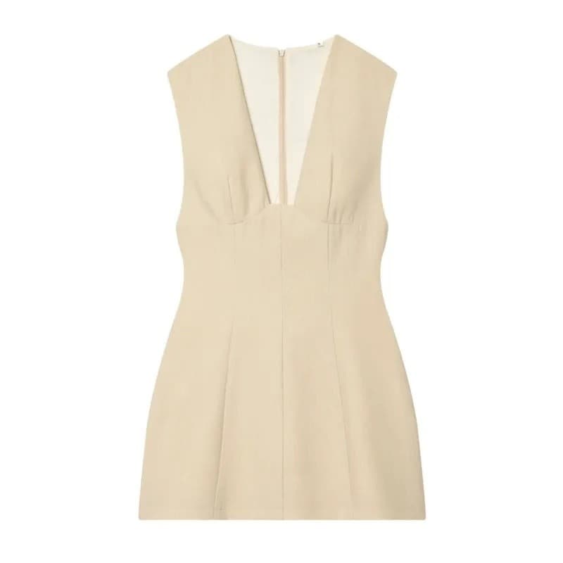 Vestido Curto Feminino Novo Primavera 2026 Casual Decote em V Sem Mangas Liso com Zíper Vestido Midi Feminino Vestidos E