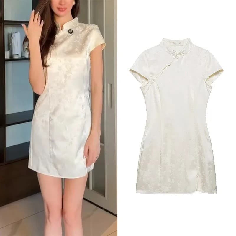 Vestido Curto Jacquard Feminino Novo 2026 Primavera Casual Gola Alta Manga Curta com Zíper Lateral