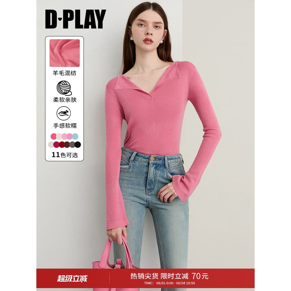 DPLAY novo estilo elegante mistura de lã rosa malhas de manga comprida camisa de fundo feminino fino ajuste topo outono