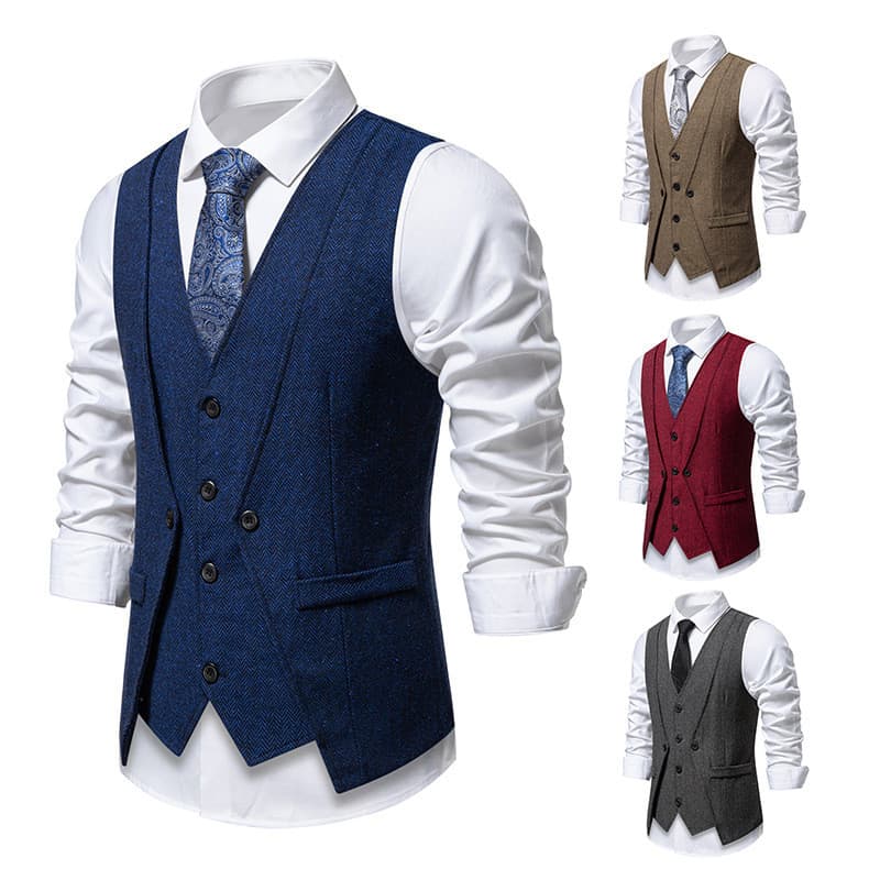 Homens Espinha De Peixe Terno Colete Dupla Camada Com Decote Em V Formal Negócios Casamento Sem Mangas Jaqueta Fino Ajus