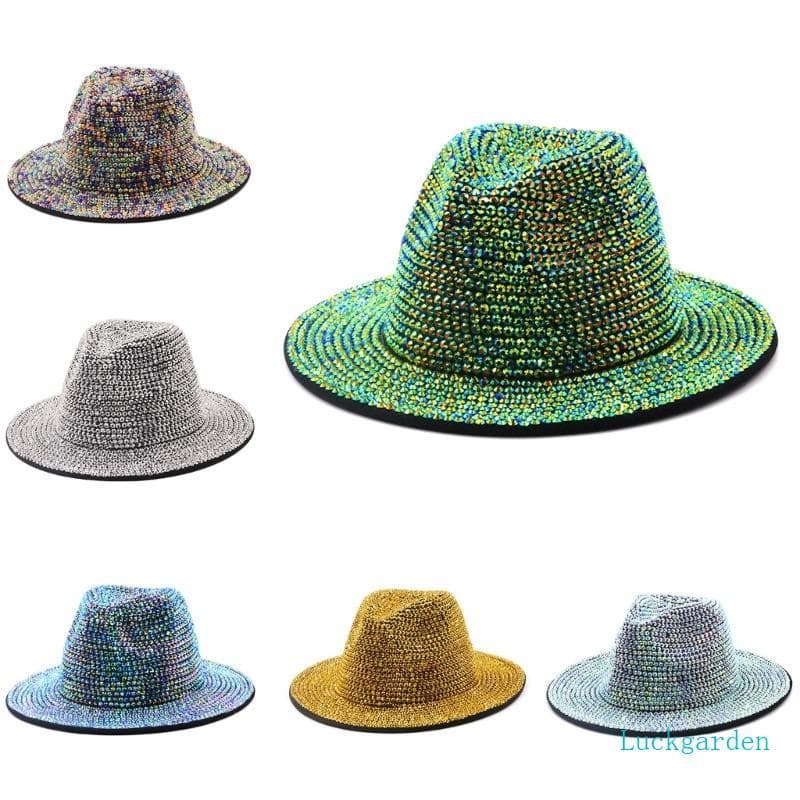 Luckgarden Adulto Strass Único Lado Feltro Fedora Chapéus Elegante Aba Larga Chapéu Panamá Jazz