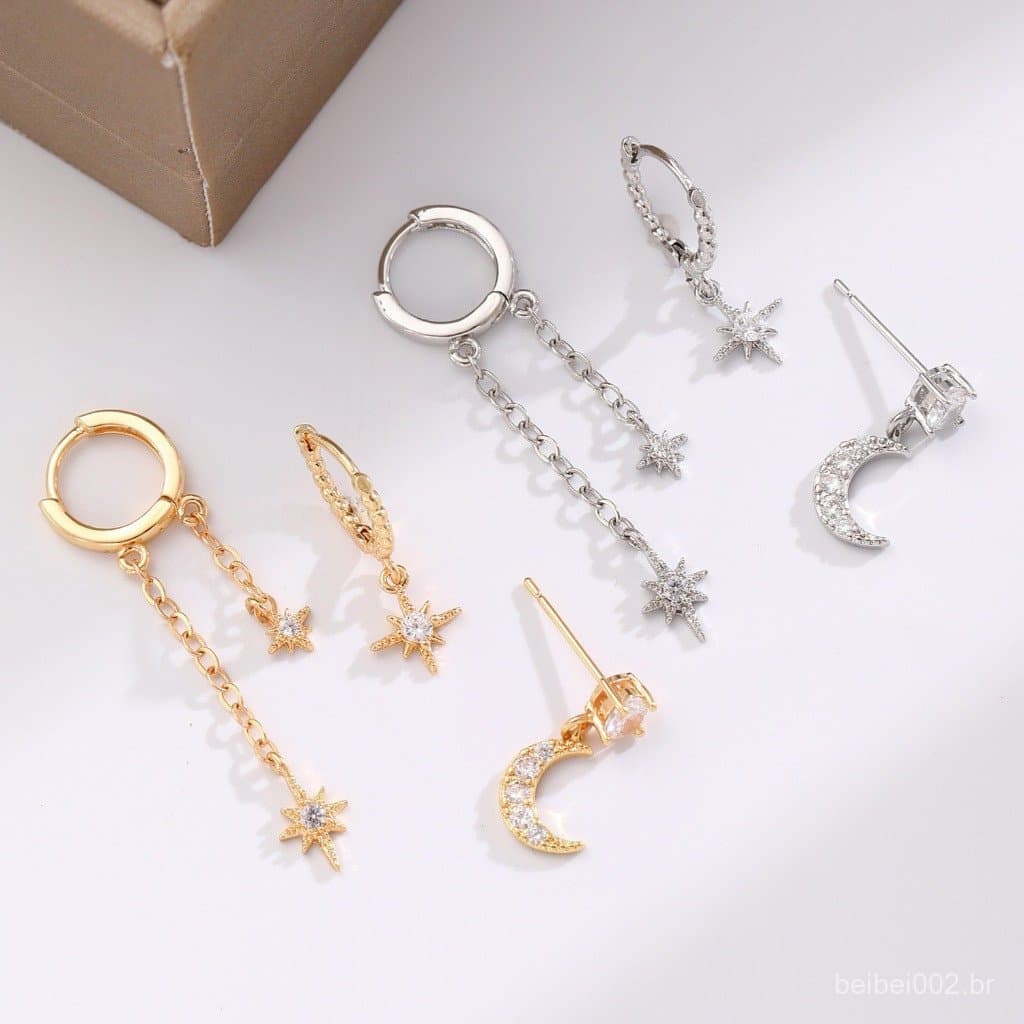 Brinco Estrela Lua Dourado Zircônia Luxo Feminino Aço Inoxidável Longo Elegante Moda