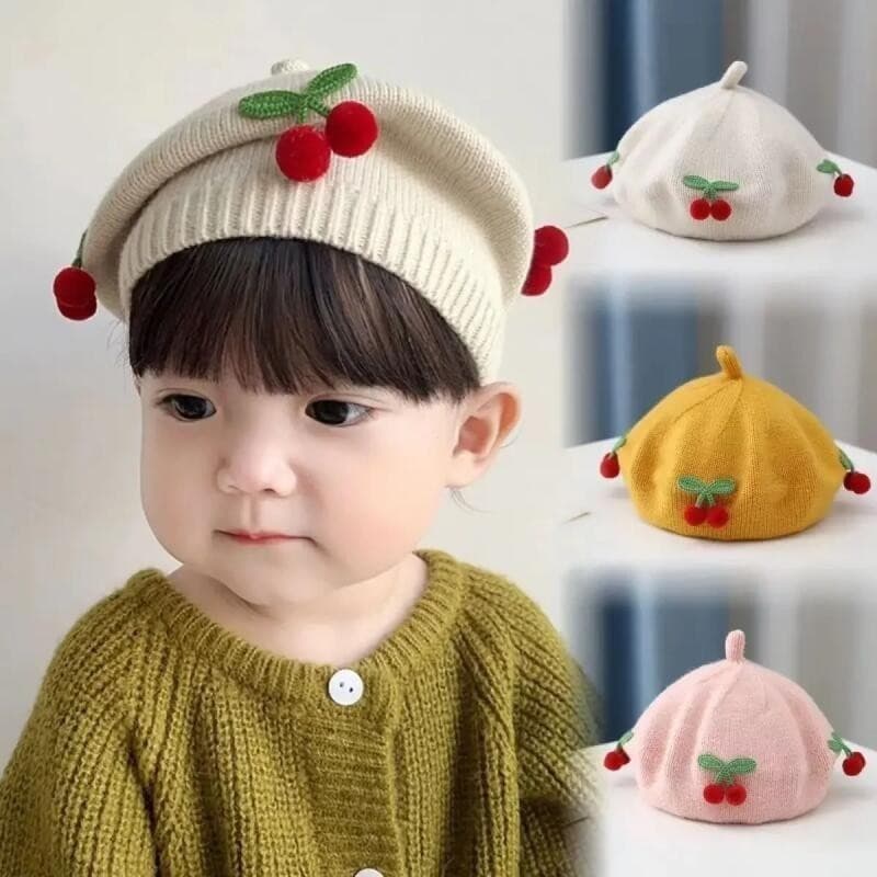 Chapéu de Pintor Britânico para Meninas na Primavera e Outono, Boné de Lã para Bebês, Moda Kawaii, Boina de Cereja para