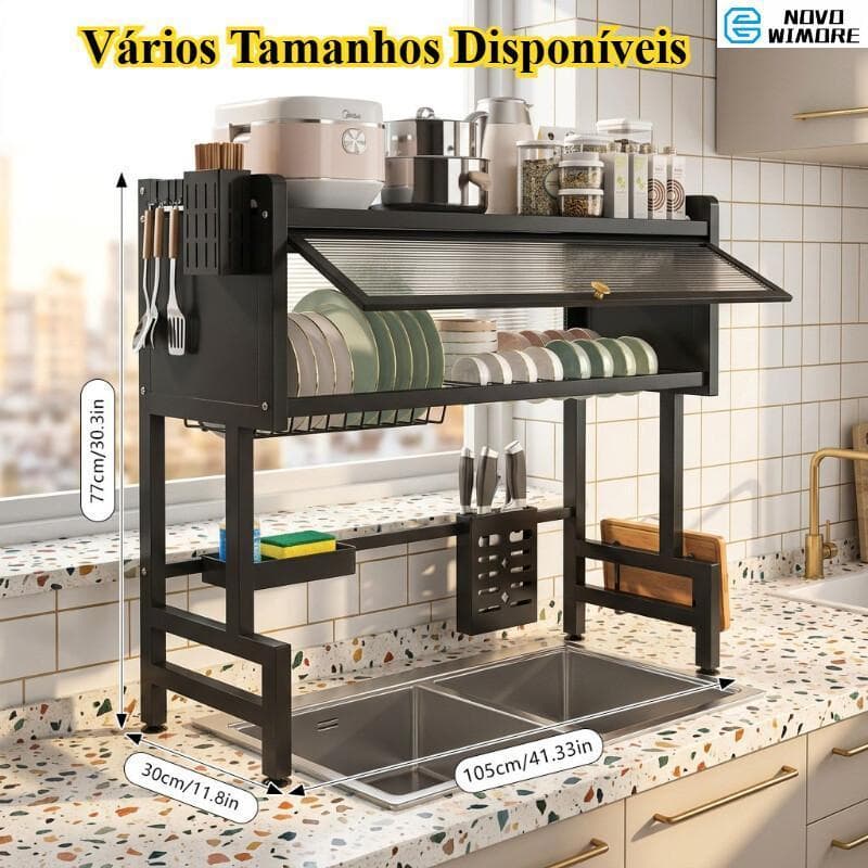 [HWC] Escorredor de Louça Sobre Pia com Tampa Organizador Multiuso para Cozinha Armazenamento de Utensílios