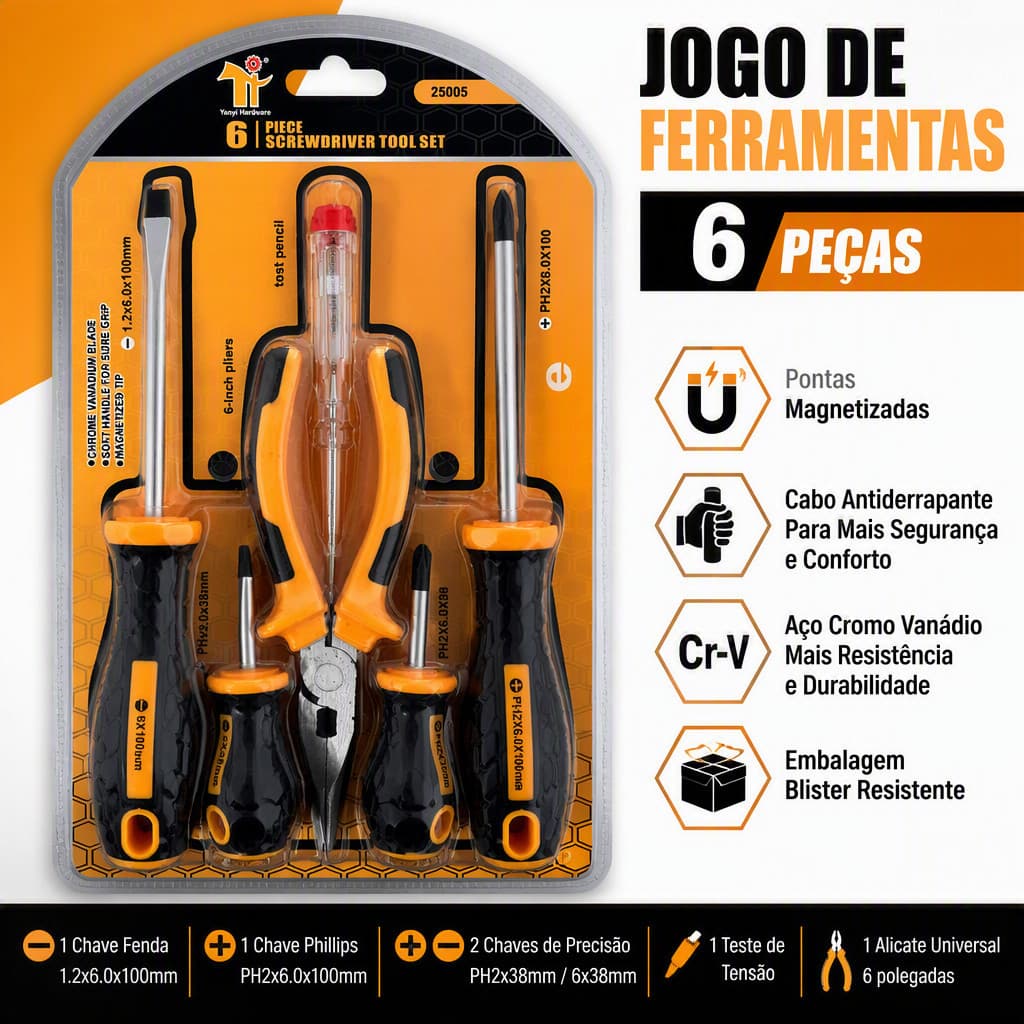 Kit Ferramentas 6 Peças | 4 Chaves de Fenda Imantadas + Alicate Bico Fino 6" + Caneta Teste Elétrica