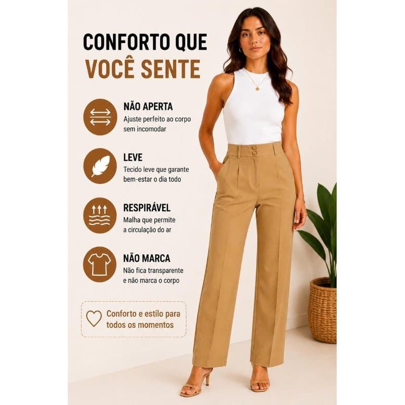 Calça Social Alfaiataria Feminina Premium Cintura Alta Bolso Botão Zíper