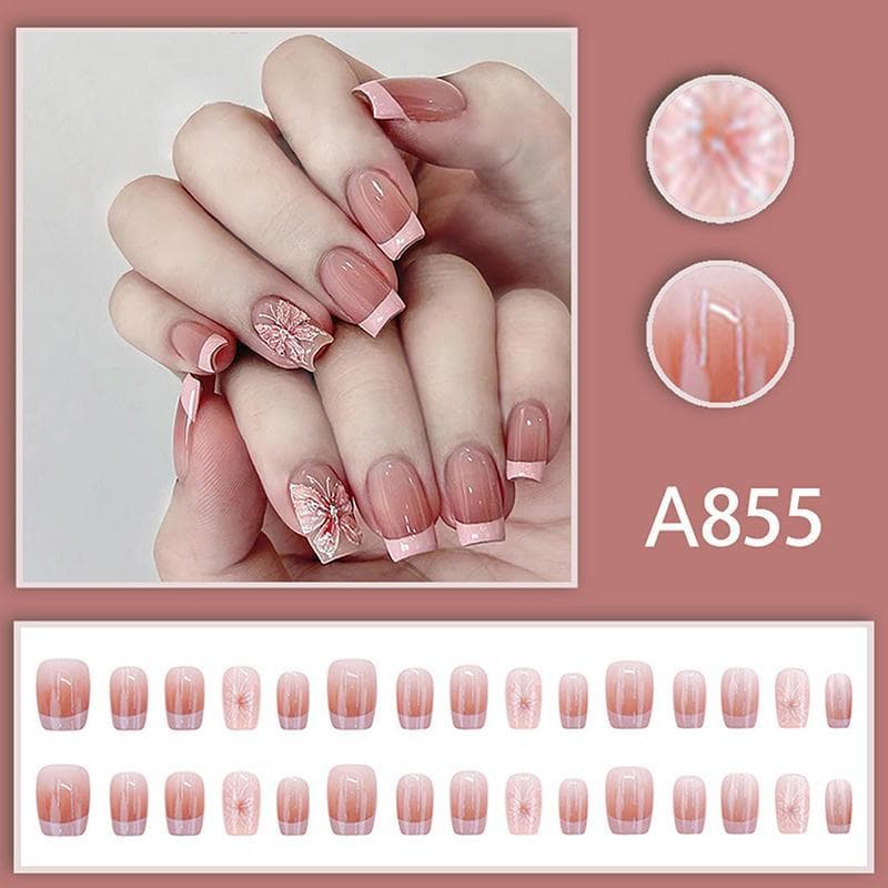 (WHDR) 30 Peças Rosa Borboleta Francesa Curta Cabeça Quadrada Prensa Em Unhas Postiças Com Cola Glitter Design Falsas De