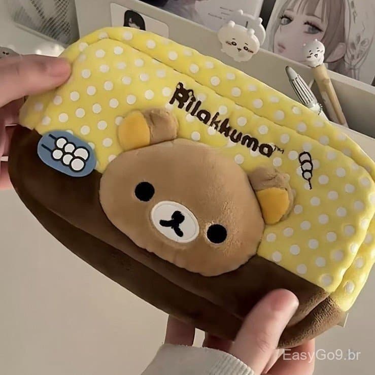Estojo de Pelúcia Rilakkuma com Bolinhas - Estilo Japonês, Grande Capacidade, Necessaire Escolar Fofa