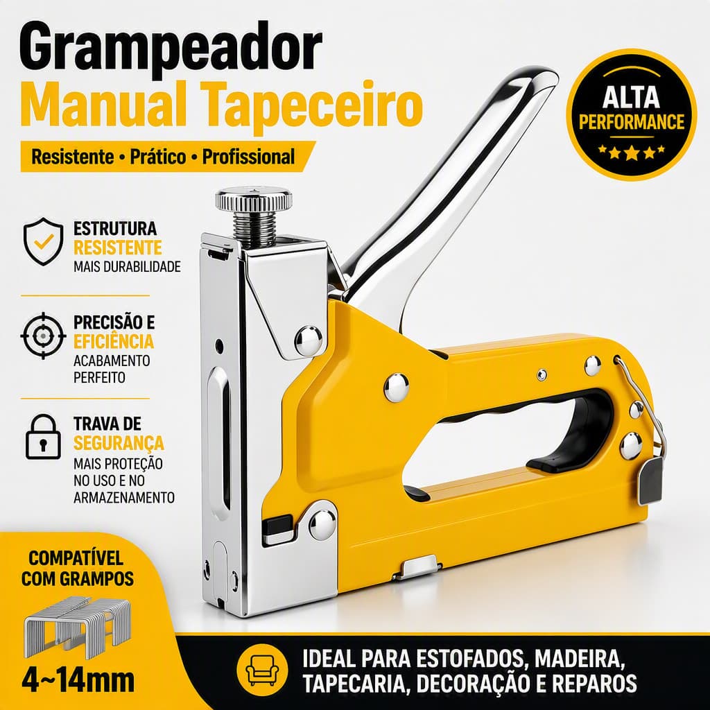Grampeador Manual Profissional 4 a 14mm Pistola Grampo Tapeceiro Fixação Tecido Móveis Molduras Painéis