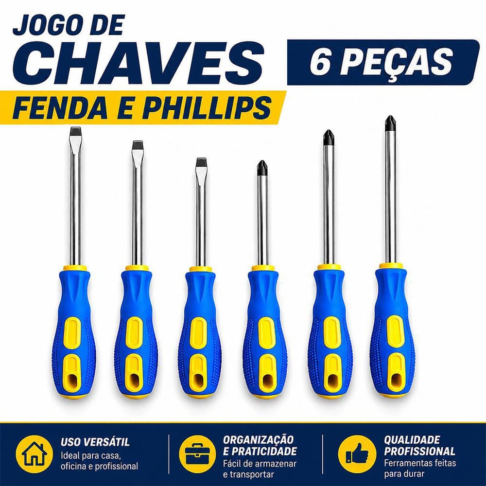 Kit 6 Chaves De Fenda E Phillips Aço CRV | Ponta Magnética Cabo Antiderrapante Alta Dureza