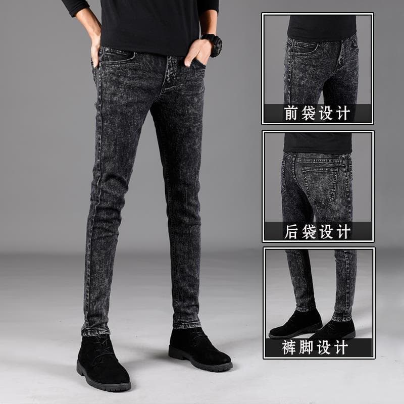 ❤Novidades❤ Primavera fino estiramento Jeans masculino fino-ajuste pés pequenos versão coreana Casual Retro cinza calças
