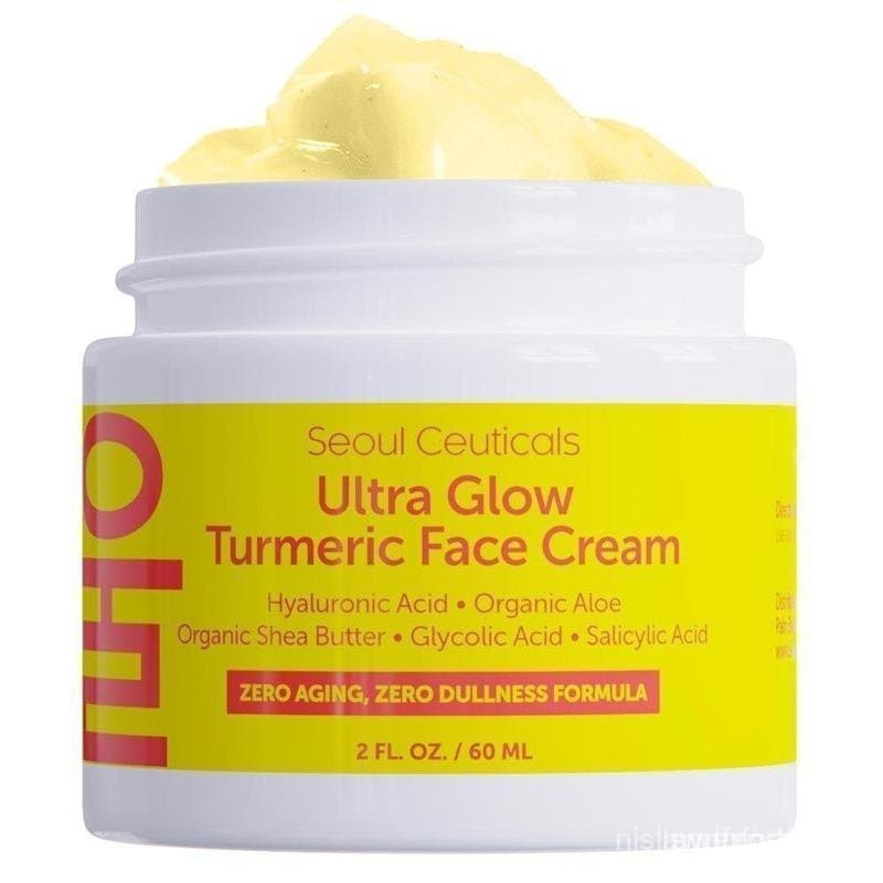O hidratante facial ultra-iluminador de cúrcuma de Seul contém ácido hialurônico, manteiga de karité orgânica e ácido gl