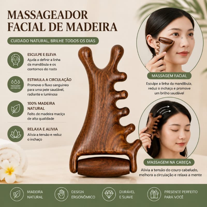 Pente de massagem de sândalo quatro em um, massageador de couro cabeludo, rolo facial, ferramenta de massagem de meridia