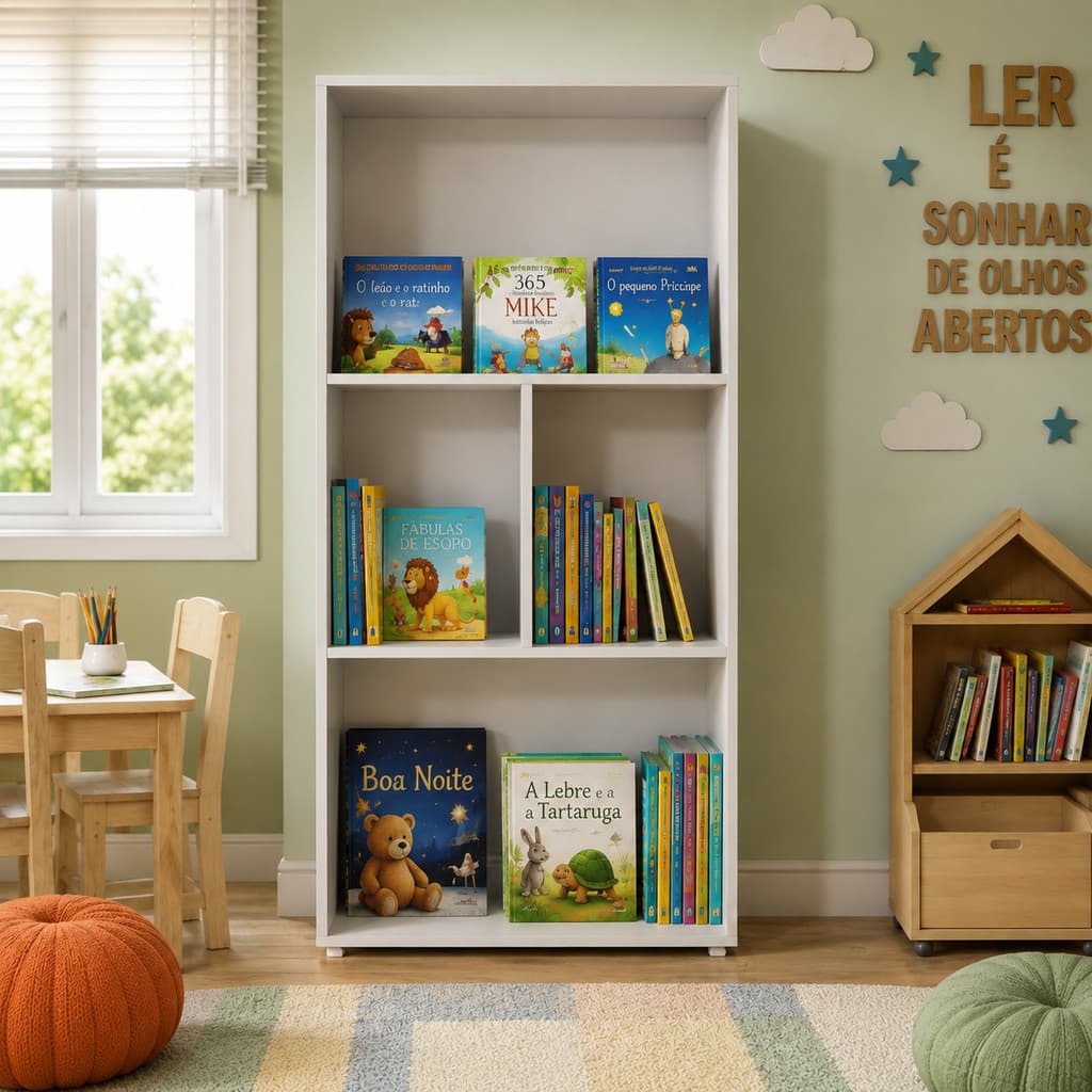 Estante Livreiro Infantil Com Nichos Branco Organizador de Livros em MDP para Quarto