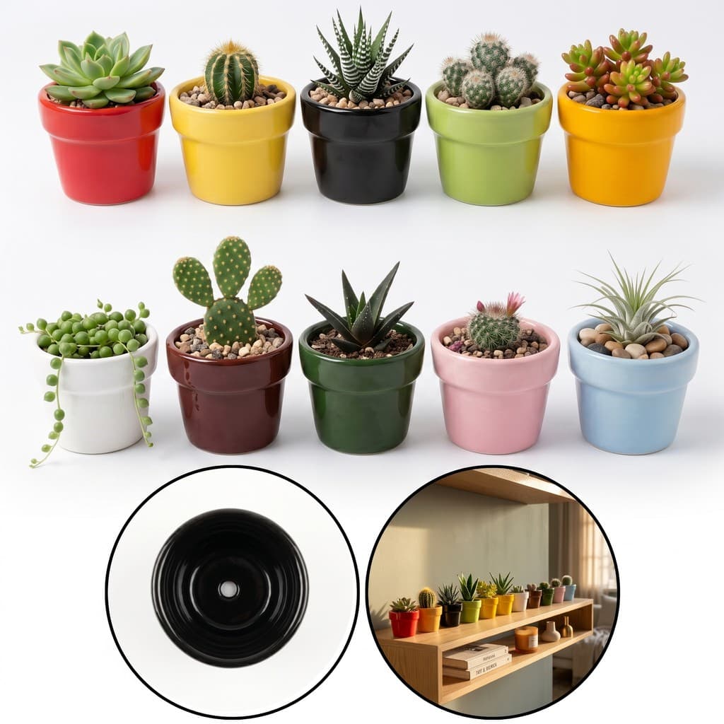 Kit 10 Vasos De Cerâmica Esmaltados Suculentas Cactos Plantas Flores 7x6 Pequenos Com Furo Arranjo Artificial Coloridos
