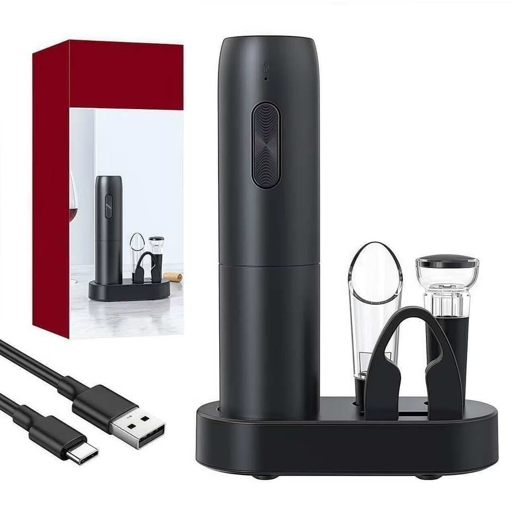 Conjunto de 4 peças de abridor de vinho elétrico: inclui abridor de vinho automático, cortador de lacre, aerador/servido