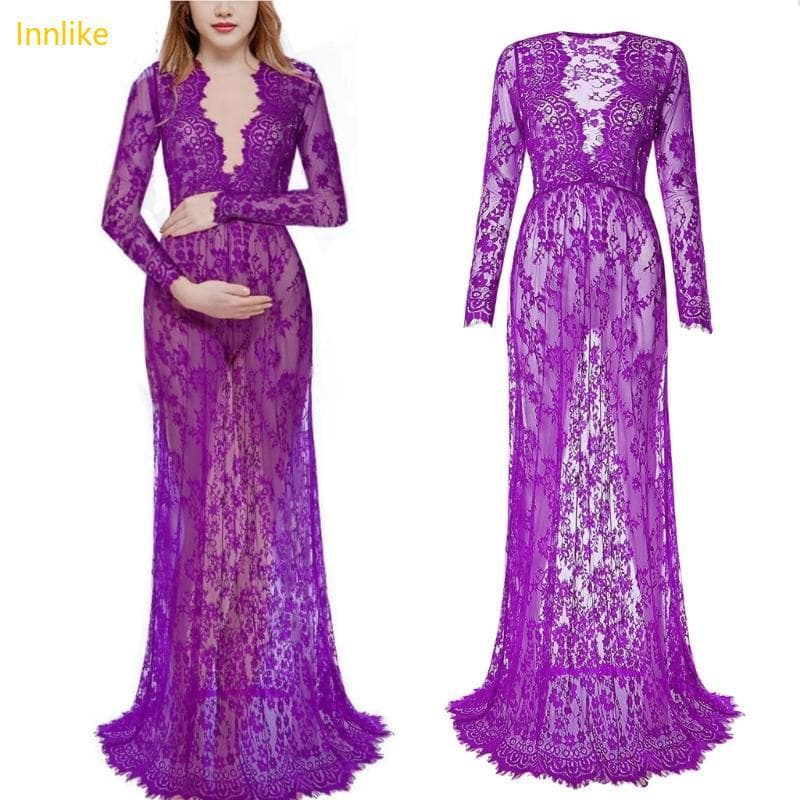 Innlike Elegante Decote V Comprida Renda Vestido Maternidade Trem Arrasto Para Evento Formal