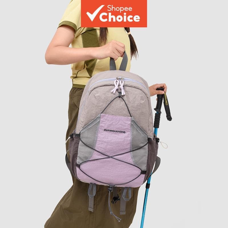 Mochila de nylon leve em blocos de cor rosa lavanda | Mochila unissex com zíper e malha elástica para trilhas, escola e
