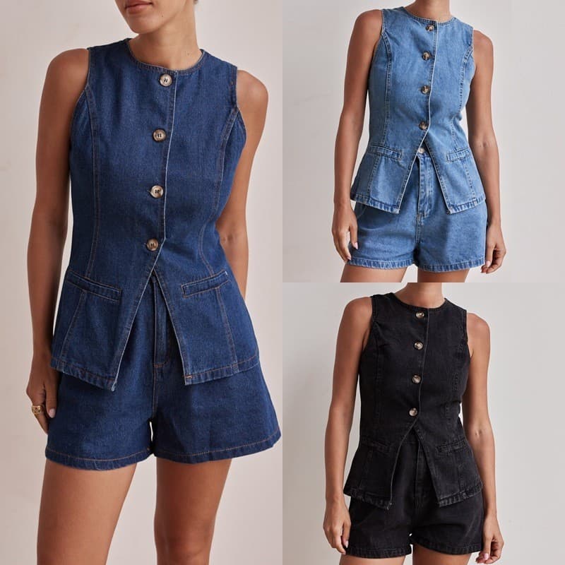 2025 Primavera Moda Sem Mangas Cintura Estreita Cintura Alta Shorts Jeans Soltos Terno