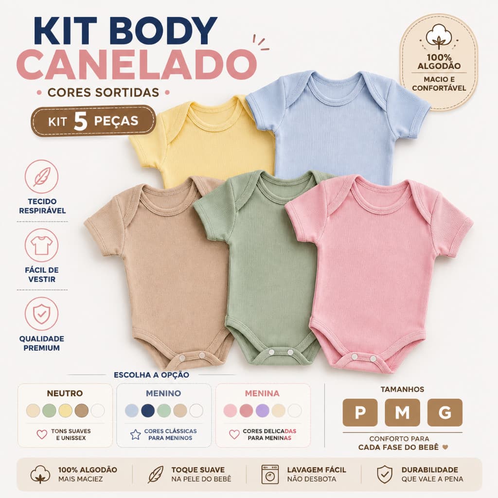 Kit Body Bebê Canelado Manga Curta 100% Algodão Menino Menina Unissex Cores Sortidas