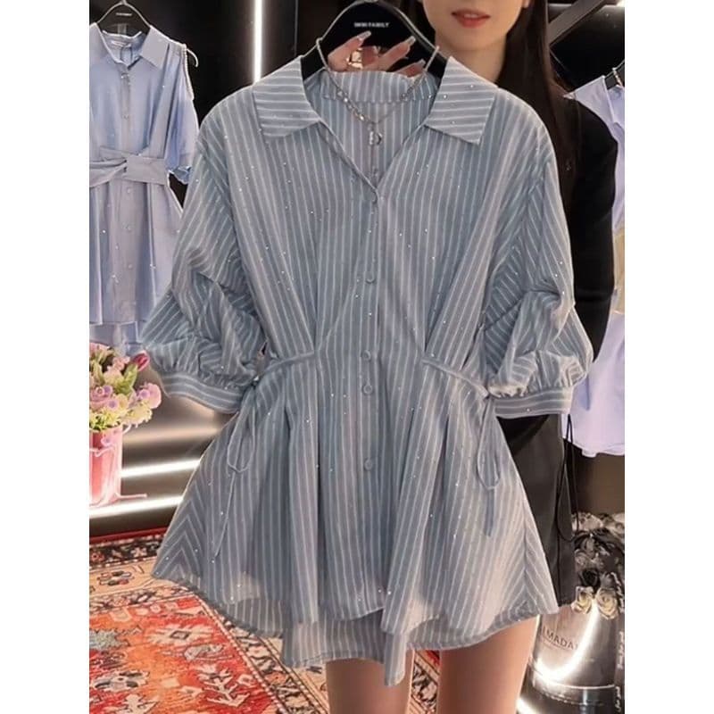 [Seckill por tempo limitado] Camisa listrada de diamante quente da moda com aparência mais fina, camisa Casual de verão