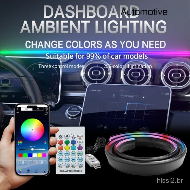 Luz Ambiente Transparente de 150cm para Painel de Carro em Acrílico, Controle Remoto por Aplicativo, Conexão Sem Fio, De