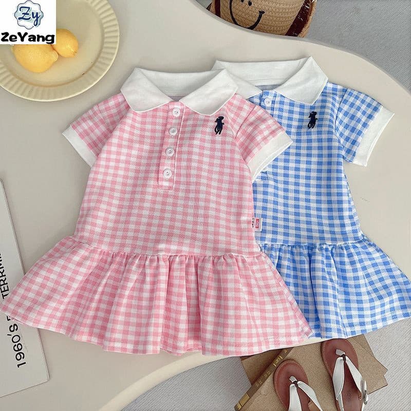 [ZY] 70-130 Vestido POLO Infantil Pronto Estoque Saia Estilo Preppy Feminino Bebê Casual Vestido de Princesa Roupas Infa