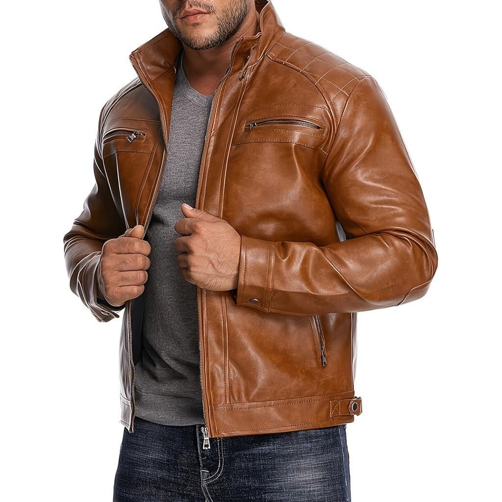 Jaqueta de Motociclista Masculina Leve em Couro Sintético Preta, Casacos para Homens, Casacos Masculinos, Equipamento pa