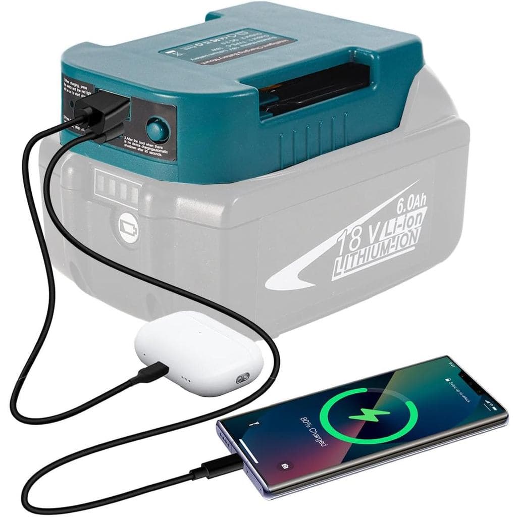 Adaptador de Bateria Makita 18V - Carregador Duplo USB-C e USB-A com Clipe de Cinto, Conversor de Energia Portátil para