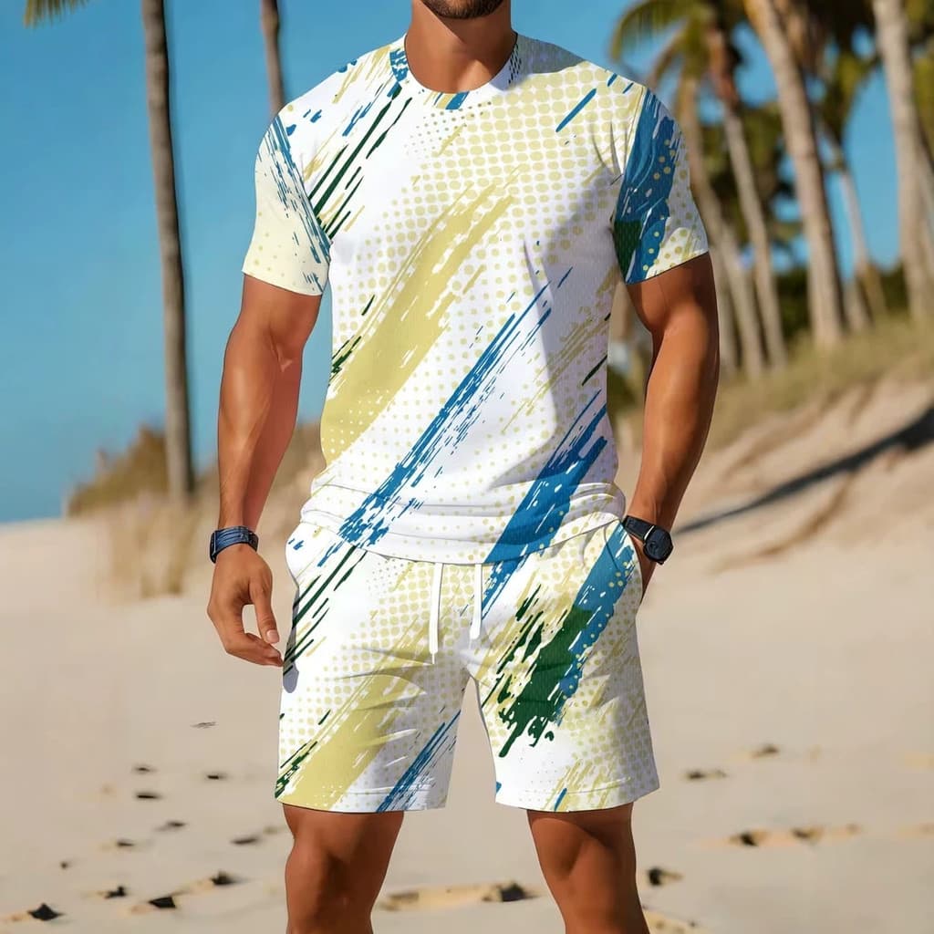 Conjunto casual estampado de duas peças, shorts e camiseta masculinos de manga curta com estampa de letras, traje esport