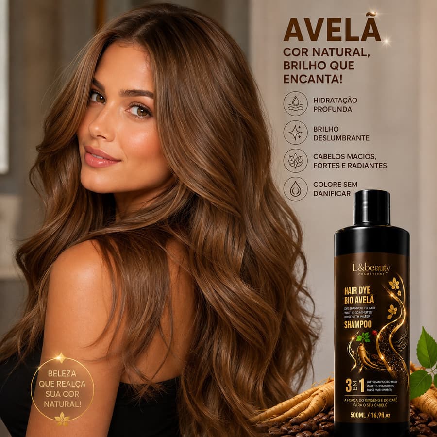 Shampoo Colorante Cor Avelã Kaissara L&Beauty 500ml - Rende Muito E Cobre Brancos 3 Minutos