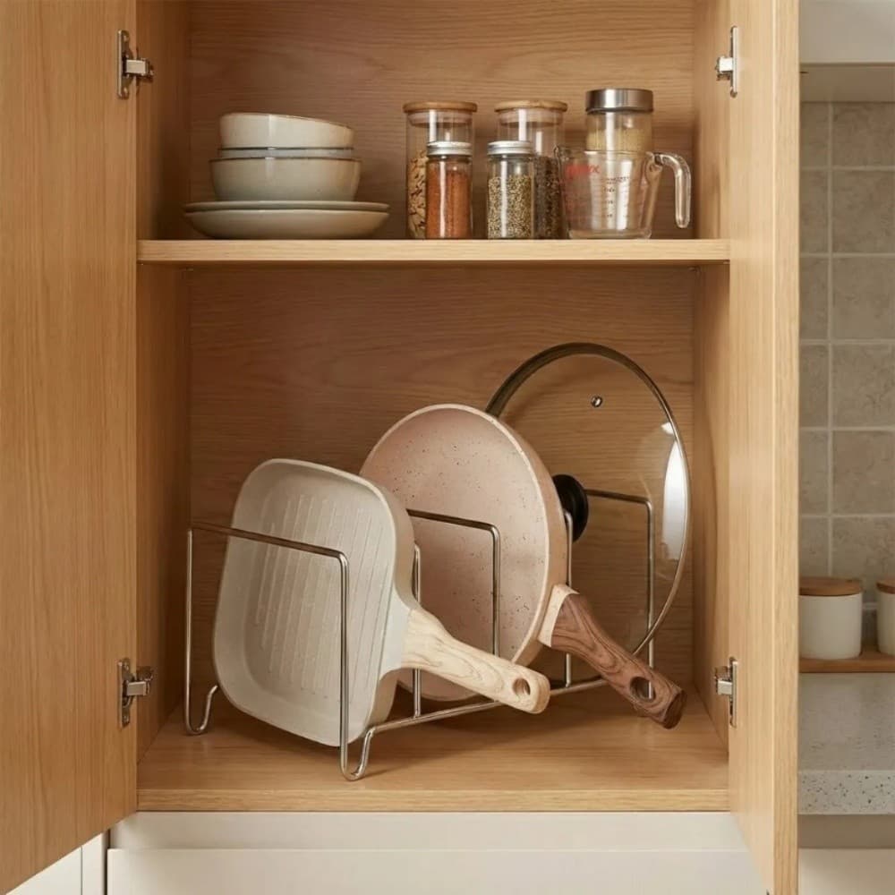 Suporte Divisor De Panelas E Tampas Para Prateleira De Cozinha