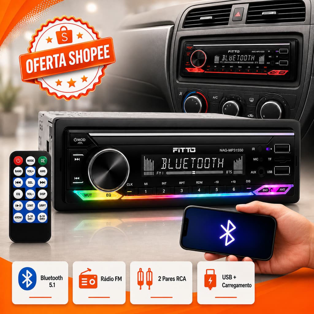 Rádio MP3 Player 1 Din Som Automotivo Bluetooth RGB USB Carrega Celular AUX microSD FM