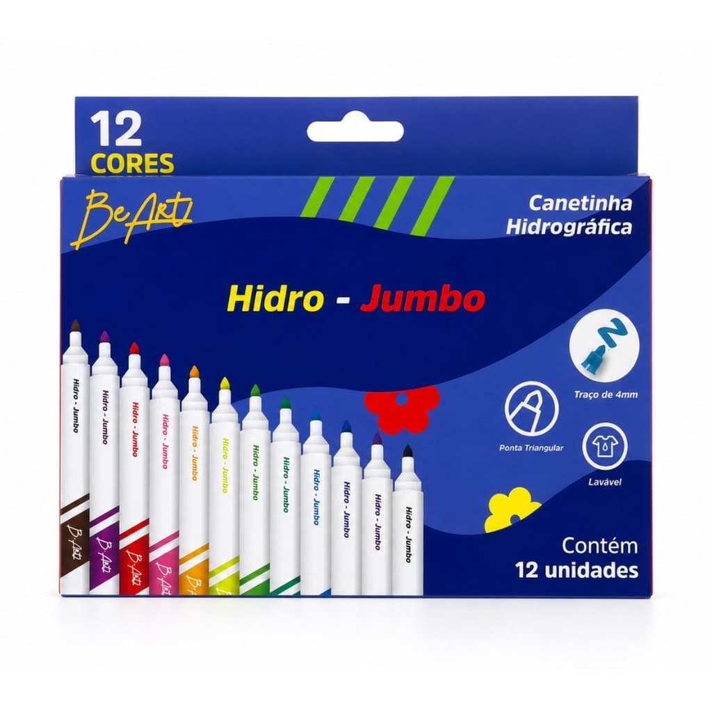 Canetinha Hidrográfica Grossa 12 Cores Big Jumbo BeArt Pintura Desenho