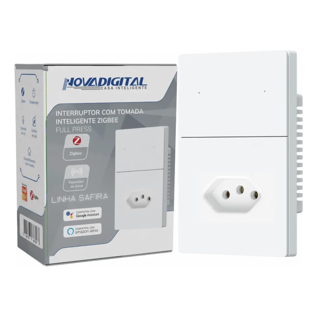 Interruptor C/ Tomada Inteligente Zigbee 2 Botões Branco Linha Safira Novadigital