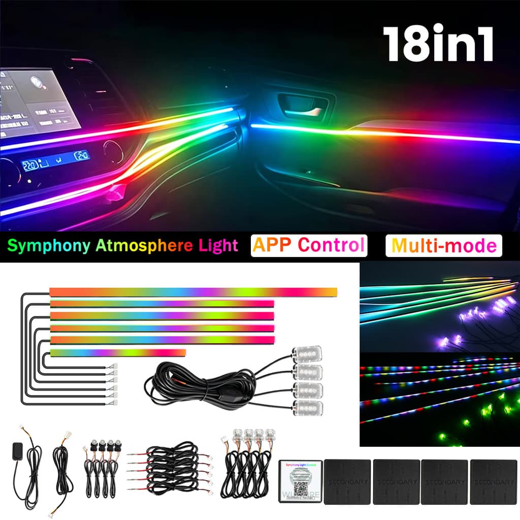 18 Em 1 Nova Cor Cheia Interior Do Carro Luzes De Tira LED Com Aplicativo Sem Fio RGB Kits Iluminação Ambiente Luz Néon